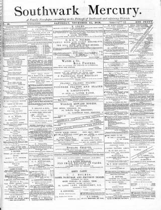 cover page of Southwark Mercury published on November 15, 1879