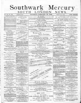 cover page of Southwark Mercury published on February 28, 1880