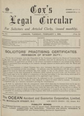 cover page of Cox's Legal Circular published on February 1, 1916