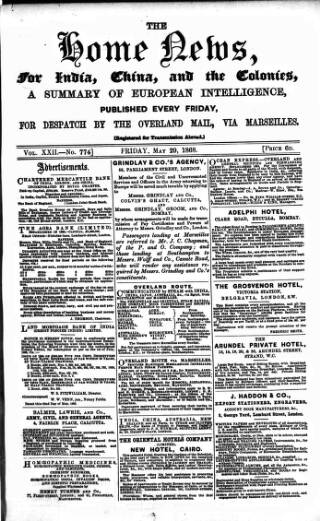 cover page of Home News for India, China and the Colonies published on May 29, 1868
