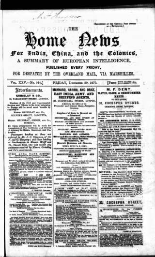 cover page of Home News for India, China and the Colonies published on December 30, 1870