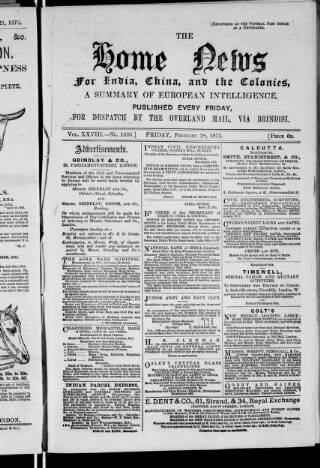 cover page of Home News for India, China and the Colonies published on February 28, 1873