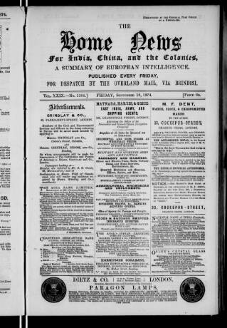 cover page of Home News for India, China and the Colonies published on September 18, 1874