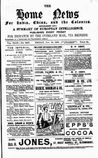 cover page of Home News for India, China and the Colonies published on November 15, 1895