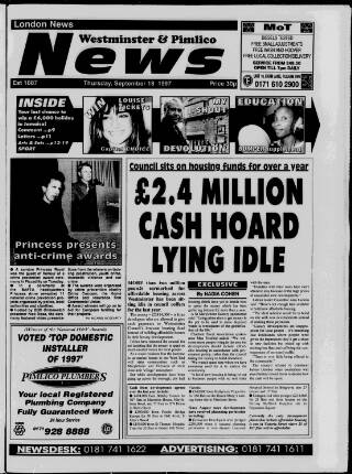 cover page of Westminster & Pimlico News published on September 18, 1997