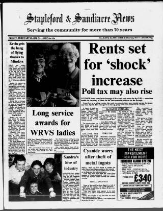 cover page of Stapleford & Sandiacre News published on February 28, 1992