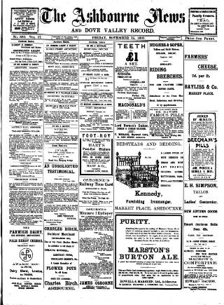 cover page of Ashbourne News Telegraph published on November 15, 1907