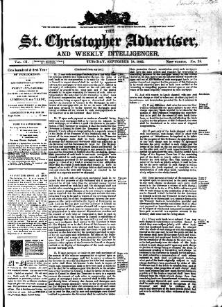 cover page of Saint Christopher Advertiser and Weekly Intelligencer published on September 18, 1883
