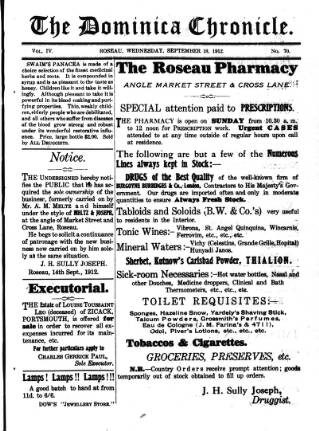 cover page of Dominica Chronicle published on September 18, 1912