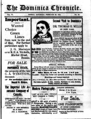 cover page of Dominica Chronicle published on February 28, 1914