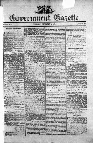 cover page of Government Gazette (India) published on November 15, 1804