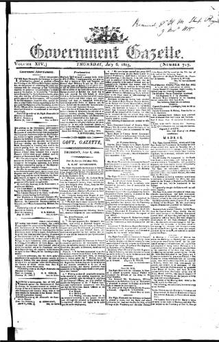 cover page of Government Gazette (India) published on July 6, 1815