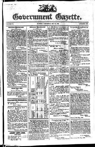 cover page of Government Gazette (India) published on May 29, 1828