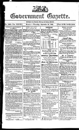 cover page of Government Gazette (India) published on September 18, 1828