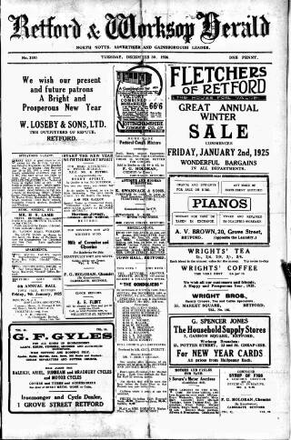 cover page of Retford and Worksop Herald and North Notts Advertiser published on December 30, 1924