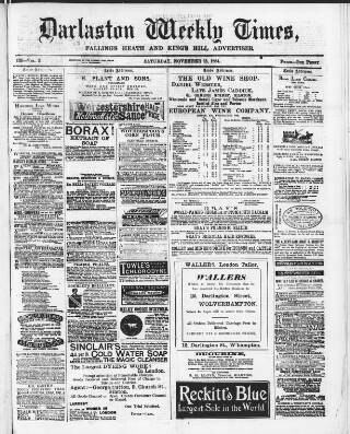 cover page of Darlaston Weekly Times published on November 15, 1884