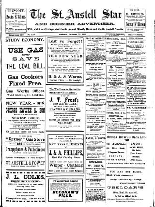 cover page of St. Austell Star published on December 30, 1915