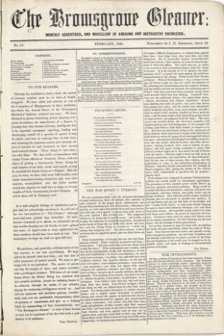 cover page of Bromsgrove Gleaner published on February 1, 1855