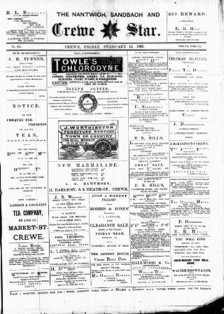 cover page of Nantwich, Sandbach & Crewe Star published on February 12, 1892