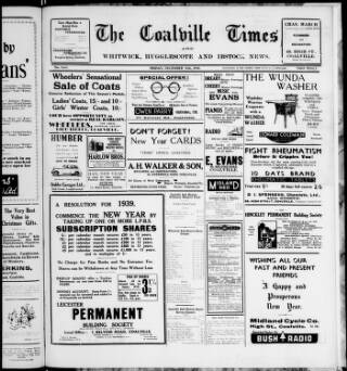 cover page of Coalville Times published on December 30, 1938