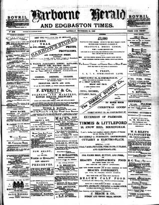 cover page of Harborne Herald published on November 30, 1889