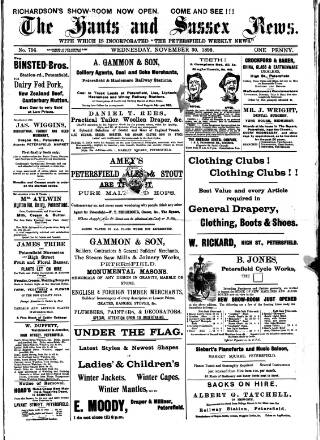 cover page of Hants and Sussex News published on November 30, 1898