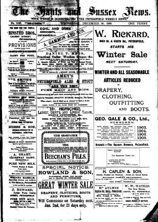cover page of Hants and Sussex News published on December 30, 1908