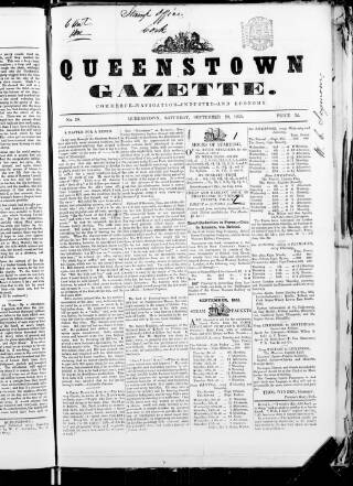 cover page of Queenstown Gazette published on September 20, 1851