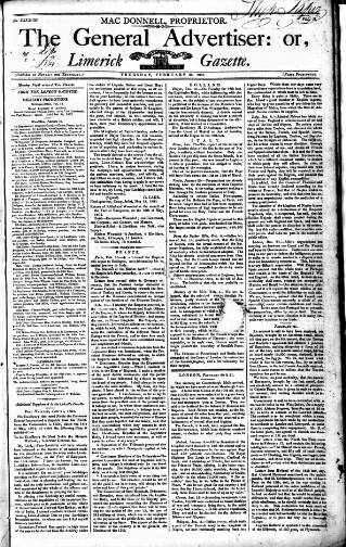 cover page of Limerick Gazette published on February 28, 1805