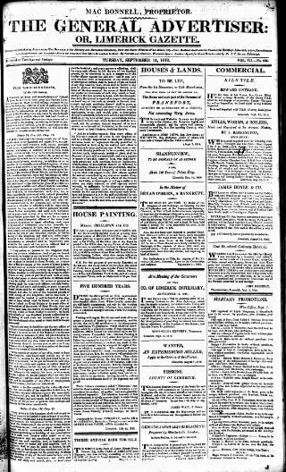 cover page of Limerick Gazette published on September 18, 1810