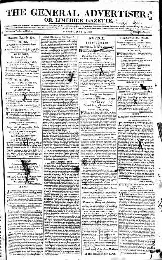 cover page of Limerick Gazette published on July 6, 1813