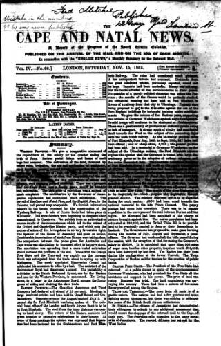 cover page of Cape and Natal News published on November 15, 1862