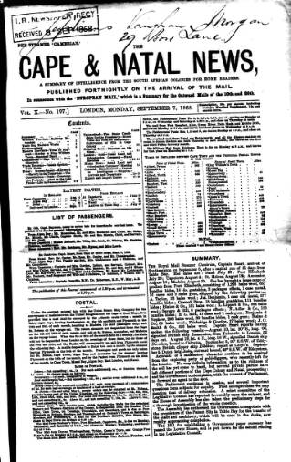 cover page of Cape and Natal News published on September 7, 1868