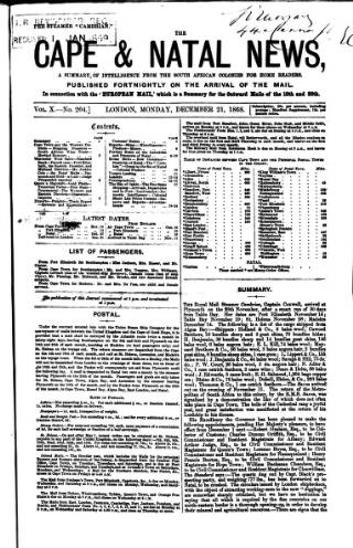 cover page of Cape and Natal News published on December 21, 1868