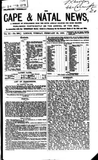 cover page of Cape and Natal News published on February 23, 1869