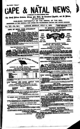 cover page of Cape and Natal News published on July 11, 1870