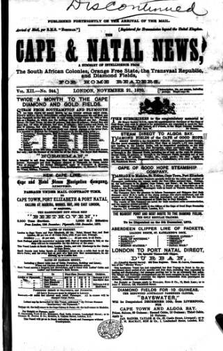 cover page of Cape and Natal News published on November 21, 1870