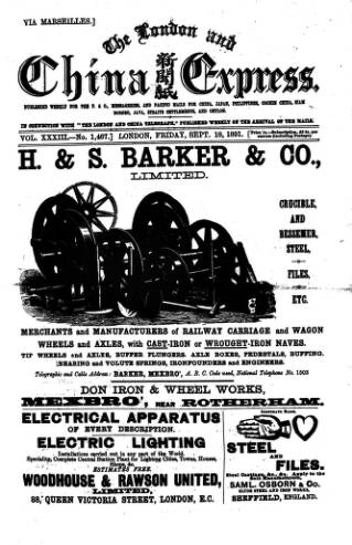 cover page of London and China Express published on September 18, 1891