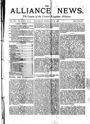 cover page of Alliance News published on February 28, 1885