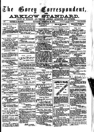 cover page of Gorey Correspondent published on November 30, 1878