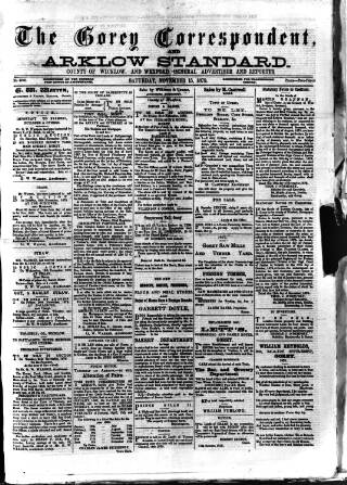 cover page of Gorey Correspondent published on November 15, 1879