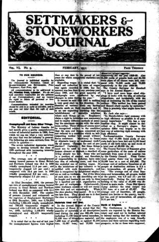 cover page of Settmakers' and Stoneworkers' Journal published on February 1, 1931