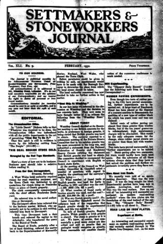 cover page of Settmakers' and Stoneworkers' Journal published on February 1, 1932