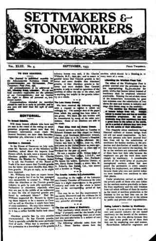cover page of Settmakers' and Stoneworkers' Journal published on September 1, 1933
