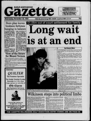 cover page of Ruislip & Northwood Gazette published on November 30, 1994