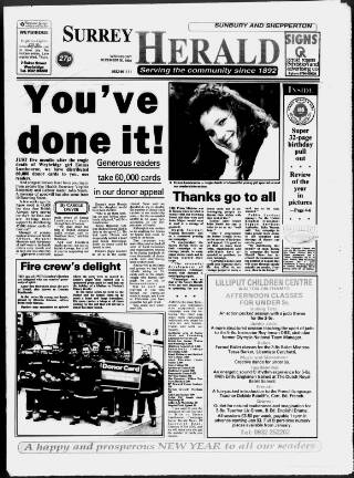 cover page of Sunbury & Shepperton Herald published on December 30, 1992