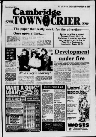 cover page of Cambridge Town Crier published on November 15, 1986