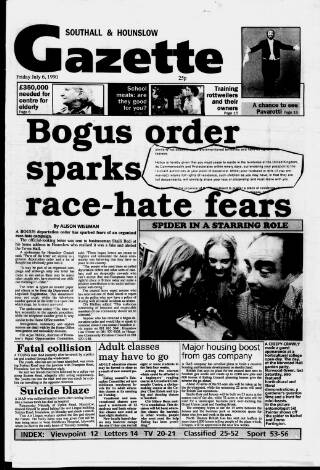 cover page of Southall Gazette published on July 6, 1990