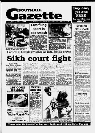 cover page of Southall Gazette published on May 29, 1992