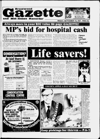 cover page of Brentwood Gazette published on September 18, 1987